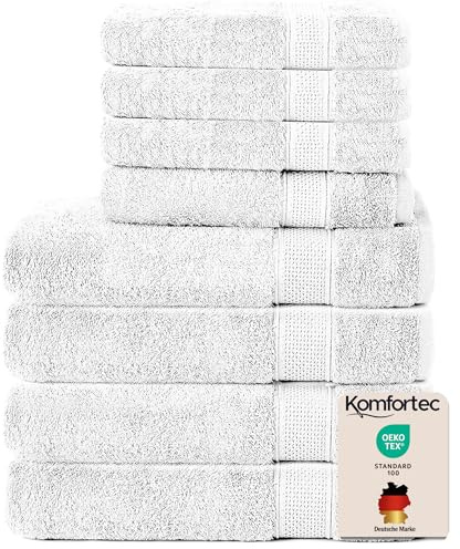 Komfortec Handtuch Set 8 Teilig aus 100% Baumwolle, Weiß | 4 Badetücher 70x140 cm, 4 Handtücher 50x100 cm, Frottee, Flauschig und Saugstark