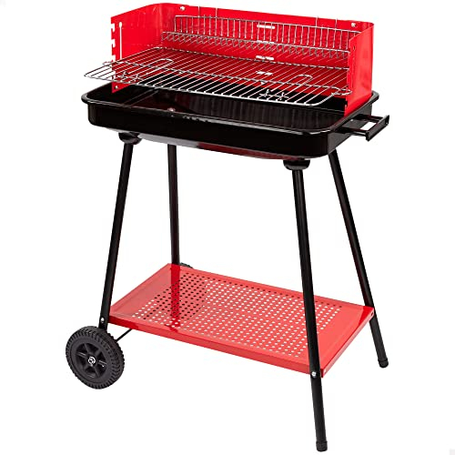 AKTIVE Barbecue portatile a carbonella, Metallo, Rettangolare, 66x44x85 cm, 4 altezze regolabili, Superficie per 6 commensali, 2 ruote per un facile trasporto, Serbatoio cenere
