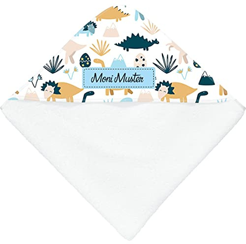 Manutextur Kapuzenbadetuch mit Namen - personalisiert - Motiv Dinosaurier - viele Motive - Kapuzenbadetuch- weiß - Größe 100x100 cm - persönliches Geschenk mit Wunsch-Motiv und Wunsch-Name