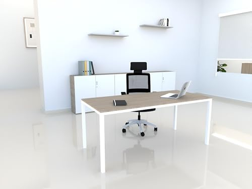 Mesa de Oficina Ideal para teletrabajo, despachos, Sala de Estudios y Ordenadores. con Gran amplitud para Dar más Comodidad, con Estructura metálica perimetral Blanco (180x80, Roble)