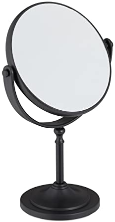 Relaxdays Kosmetikspiegel, 2-Fach Vergrößerung, Tischspiegel zweiseitig, 360° drehbar, rund, HBT 27,5x18x10,5cm, schwarz