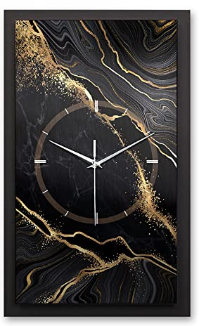 Kreative Feder 3D Designer-Wanduhr Black & Gold Waves in modernem Metallic-Look 50x30cm rechteckig analog lautlos ohne Ticken (Black & Gold Waves, leises Funkuhrwerk)