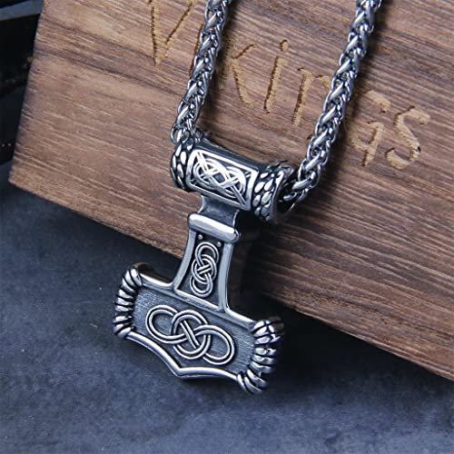 WYPAN Nordisch Wikinger Thors Hammer Talisman Halskette, Edelstahl Männer Vintage Nordischer Schmuck Keltischer Knoten Mjolnir Amulett Anhänger Mit Geschenktüte,Thor's Hammer,24 inches