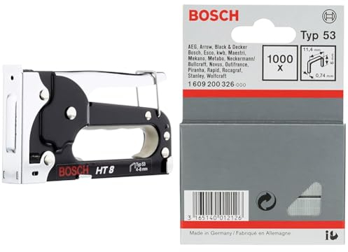 Bosch Professional HT 8 Handheld Tacker (Wood, Staple Type 53) + Fine Wire Staple Type 53 (Textiles, Carton, 114mm x 0.74mm x 6mm, Accessories for Joining)