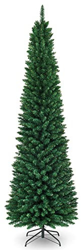 COSTWAY Albero di Natale Slim 150/180/210/240/270 cm, Albero di Natale Artificiale con 220/400/700/1000/1500 Rami e Base in Metallo, Decorazioni Natalizie per Casa e Negozio (240 CM)