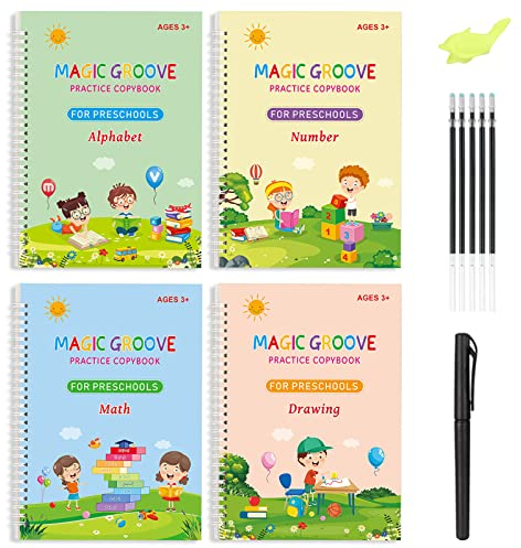 XTDMJ Magisches Heft, 4 Stück Magisches Übungsheft Wiederverwendbares Übungsbuch + 5 Nachfüllungen + 1 Stifthalter, für Kinder Kalligraphie Zahlen Zeichnung Buchstaben Schreiben