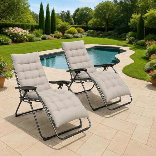 XEO HOME 2pcs Sun Lounger Chairs with Cushions Padded Set of 2 Zero Gravity Reclining Foldable Chair Portable Garden Camping Thick Comfortable Non-Slip Relaxer (Black With Beige Grey Cushions)