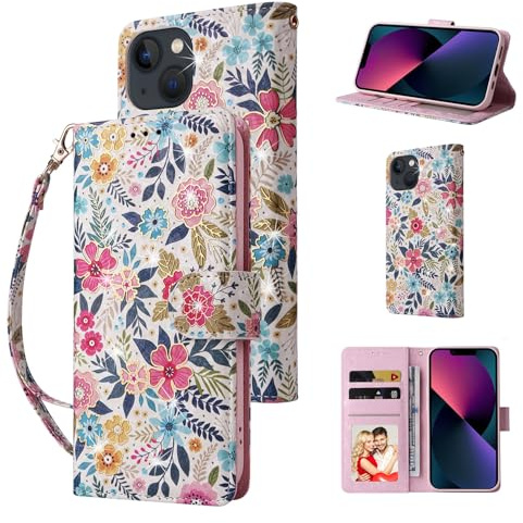 UEEBAI Wallet Case for iPhone 13 6.1 inch, PU Leather Phone Case Kickstand RFID Blocking Flip Case with Card Slots Wrist Strap Relief Engraved Pattern Magnetic Closure Folio Case - Pansy