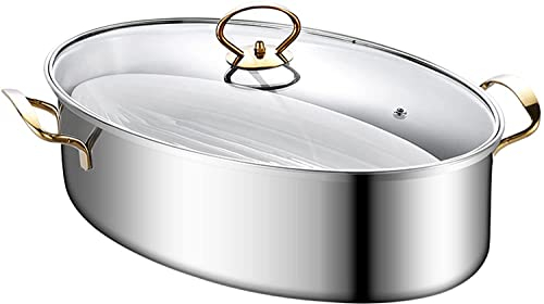 Gold Fish Steamer, 8Qt Steamed Fish Pot 304 Stainless Steel Oval Cookware with Rack, Ceramic Pan, Chuck, Stockpot for Steaming Fish, Boiling Soup