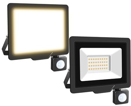 Willpower 2pcs Foco LED Exterior 30W Proyector LED con Detector de Movimiento Impermeable IP66 LuzLED Exterior 3500K Bianco Caldo Luz de Inundación Seguridad para Garaje Patio Jardín Terraza Parque