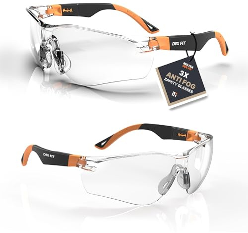 DEX FIT Safety Glasses SG210, Z87 Eye Protection, 3X Anti fog & Scratch Resistant, Adjustable for Women and Men, UV Protective (Black & Orange Frame, Clear Lens)