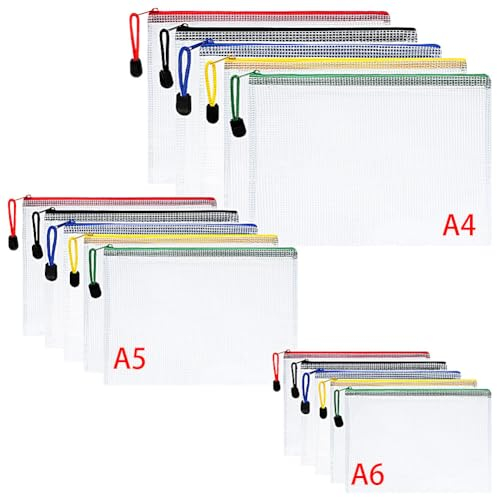 Vicloon Plastpåsar, återförslutningsbara plastpåsar i A4-, A5- och A6-format i nät, dokumentfodral, plastfickor med dragkedja, filmapp, för skola, kontor, läxor, reseförvaringspåsar, 15 st. (färgade
