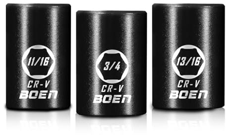 BOEN 1/2 Drive Impact Socket Set,11/16''3/4''13/16''Inch Shallow Sockets,SAE,6 Point,Cr-V Steel with Laser Marking - Strong and Durable