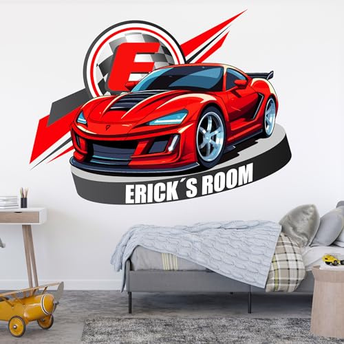 AdesiivoStudio Autozimmer Deko für Jungen - Rennflaggen Namens-Wandtattoo - Personalisierte Wandkunst für Jungen, Babys und Kinder - Individuelles Namens-Wandtattoo mit Rennwagen Motiv