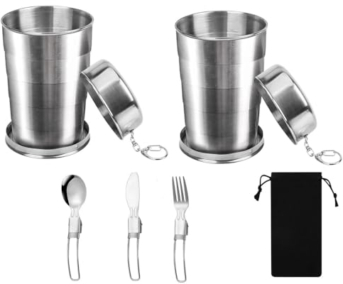 Naisfei 2 Stück Edelstahl Faltbecher, 450ml Becher Faltbar Edelstahl, Outdoor Tragbar Teleskop Klappbecher mit Schlüsselanhänger, Für AktivitäTen Im Freien Und Den TäGlichen Gebrauchfür