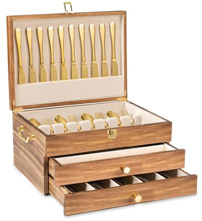 Yoimori Besteck-Aufbewahrungsbox, 3-lagiger Besteck-Aufbewahrungskoffer mit Schublade, Bestecktruhe aus Holz mit Griff und Leineneinsatz, rustikaler Besteckkoffer zur Aufbewahrung von feinem Besteck