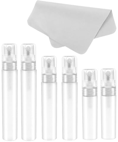 IPNSDON Paquete de 6 mini frascos de perfume, espray de viaje, atomizador recargable, botellas de spray vacías, envases de aerosol, botellas portátiles en espray de perfume, 1 toallita