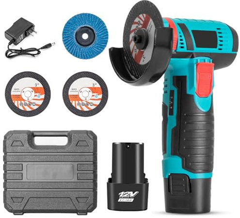 12V Mini Angle Grinder, Cordless Angle Grinder Tool with 2 PCS Batteries, 19500RPM, Includes Grinding Discs, Saw Blades, Storage Box for Cutting, Grinding, Polishing