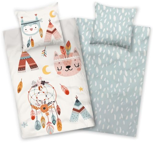 Aminata kids Biber Bettwäsche 135x200 cm Indianer Traumfänger 100% Baumwolle warm, weich & kuschelig mit Reißverschluss - Dreamcatcher mit Federn weiß blau