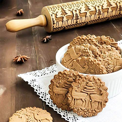 Weihnachts-Nudelholz aus Holz, Weihnachts-3D-Rentier-Form, Dekoration, Präge-Nudelholz, weihnachtliches gemustertes Nudelholz, Backwerkzeuge (Weihnachts-Rentier)