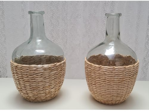 VEA SRL Vaso Decorativo da Interno Damigiana 30x18,5 cm, Vaso Vetro Trasparente e Juta Ideale come Vaso per Fiori da Interno, Centrotavola per Fiori Finti e Veri, Home Decor (ZIB 60130)