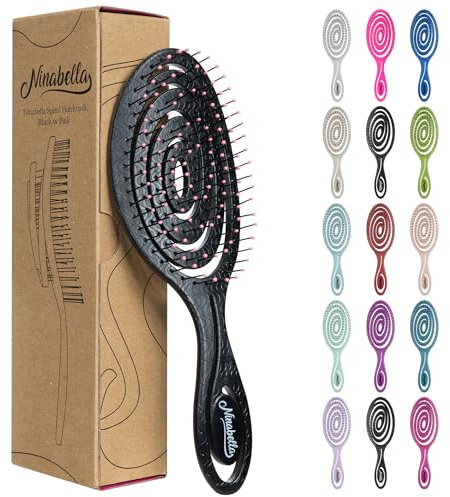 Ninabella Detangling Hair Brush for Women & Men - Does not Pull, Removes Tangles, Brushes for Straight, Curly & Wet Hair - Detangle Brush - Unique Spiral Hairbrush, Black with Pink