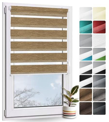 Rollmayer Doppelrollo Klemmfix ohne Bohren Holzlook Gold B45 x H130cm | Klemmrollo Fensterrollo Duo Rollo Sonnenschutzrollo Zebrarollo Seitenzugrollo für Fenster und Tür