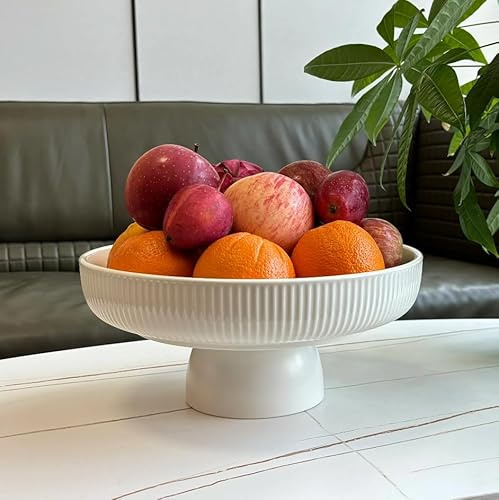 JolieJulie Ceramic Fruit Bowl,11 Decorative Bowl, Large Fruit Bowl for Kitchen Counter, Pedestal Bowl, Kitchen Counter Décor, Bread Candy Snacks Organizer, White (5.3 lbs, 68oz)
