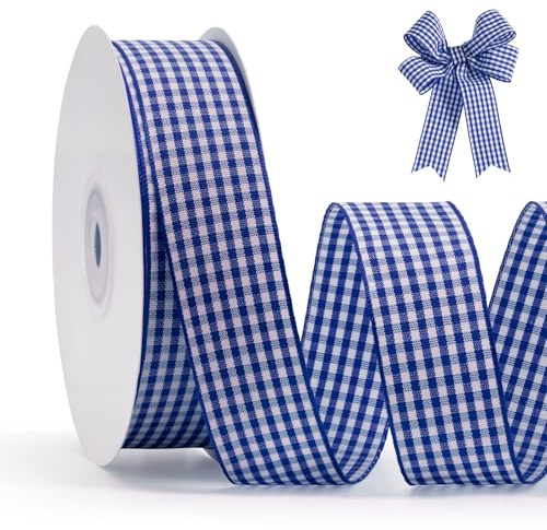 FAKILO Schleifenband Blau Gingham-Band 25mm x 22m Geschenkband Blau - Weiß Büffelkariertes Kariertes Band für Weihnachten, Geschenkverpackungen, DIY Basteln