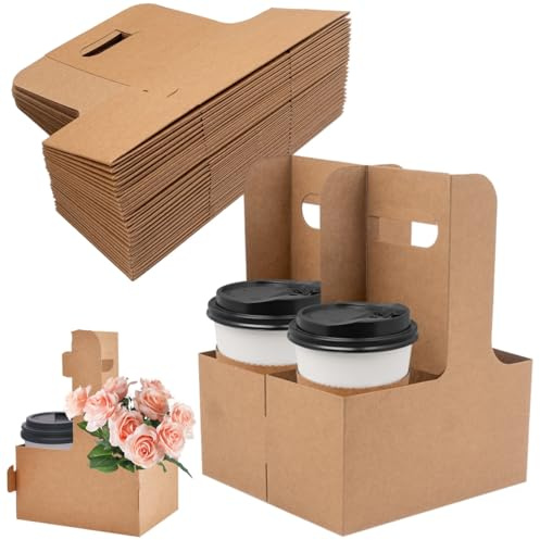 Lot de 100 porte-gobelets en papier kraft avec poignée pour boissons froides et chaudes, pour café, restaurant