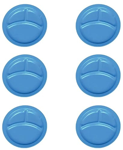 Dekorah 6 Piatti in Melamina per Bambini - 21 cm con 3 Scomparti - Sicuro e Resistente, Ideale per Scuole e Asili, BPA Free, Lavabile in Lavastoviglie (Azzurro)