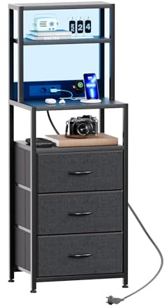 CAIYUN Nachttisch mit LED & Ladefunktion, Beistelltisch mit 4 Ablageflächen, Sofatisch mit 3 Stoffschubladen, Nachttische mit Bücherregal, Beistelltisch für Wohnzimmer, Schlafzimmer (Schwarz)