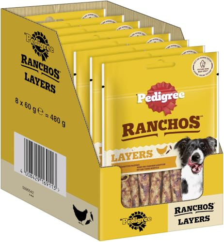 PEDIGREE RANCHOS Hundesnacks Huhn Kaustangen für Hunde, 8x60g - Leckere Kausticks