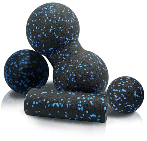HYSHLC 4 Faszienrolle Set mit 3D-Texturmassage, Enthält Großer Duoball, faszienrolle klein, Faszienball, Massageball faszienrolle wirbelsäule klein für Rücken Bein und Faszientraining(schwarz blau)