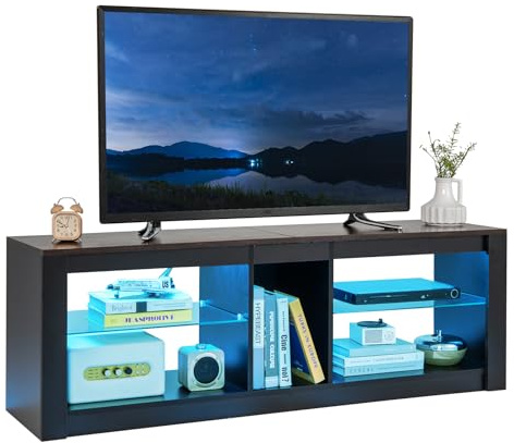 COSTWAY Mobile Porta TV, Mobile TV con Luci LED per TV fino a 65, Tavolino Multifunzionale da Soggiorno, con Ripiani in Vetro Regolabili, per Soggiorno, Camera da Letto