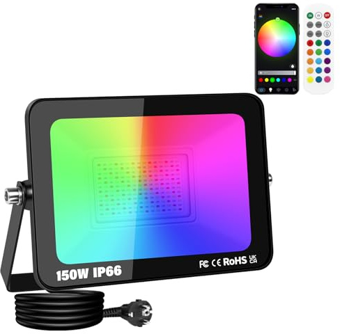 SKYWORLD 150W RGB LED Strahler mit APP Steuerung, 15000LM RGBW Strahler | Farbwechsel Flutlicht, Smart Dimmbar Timer Bunt Fluter mit Stecker Wasserdicht für Party Garten Baum Landschaft Disco Feiern