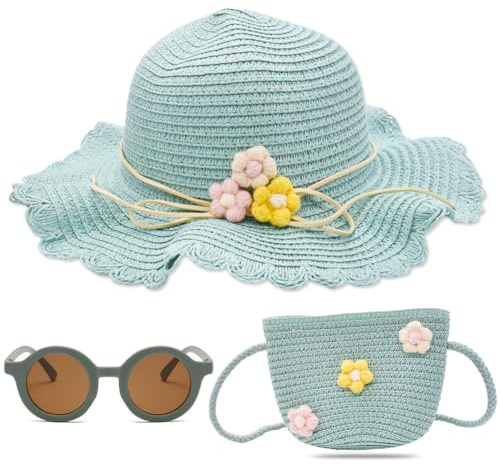 PLNVNVP Cappello da Spiaggia Estivo Set Borse di Paglia Cappello di Paglia Occhiali da Sole Cappello da Sole per Ragazze Bambini Turismo Vacanze Spiaggia attività All'aperto(Verde)