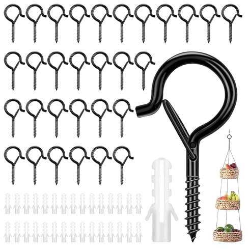 Watlikeup 30PCS Black Q Hanger Screw Hooks with Plastic Expansion Tubes,2.2 Inch Heavy Duty Screw in Hooks for Wood,with Safety Buckle,Windproof & Rustproof,for Outdoor String Lights,Bird Feeder,Etc