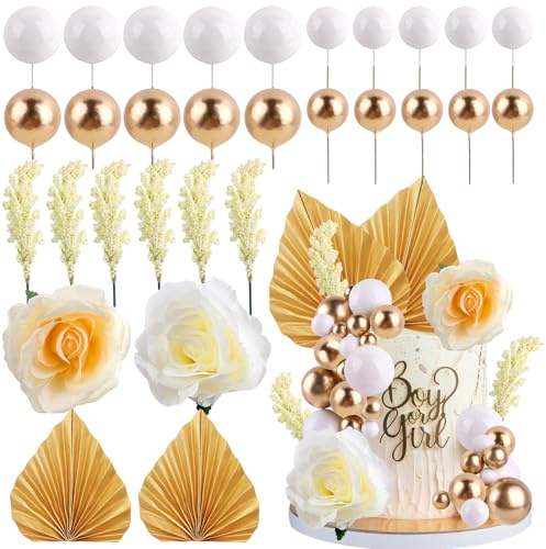 Rismise Boho Kuchen Topper Dekorationen 30pcs Vintage künstliche Rose Blumen Palm Leaves Kuchen Topper Weiß Gold Ball Kuchen Cupcake Dekor für böhmische Geburtstag Hochzeit Braut Baby Dusche