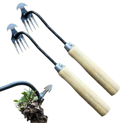 Raypontia 2STK Gartenarbeit Hand Unkrautstecher - 4-Zahn Unkrautjätegerät Mit Langem Stiel, Garten Unkraut Harke Aus Kohlenstoffstahl, Unkrautstecher Wolf Garten, Für Garten, Hof, Rasen, Bauernhof,