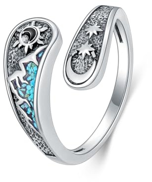 HUKKUN Sun and Moon Ring Sterling Silver Created Turquoise Moon and Sun Ring Mountain Spoon Sun and Moon Jewelry For Women