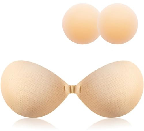 ANGELEMM Invisible Sticky Bra Push Up - Stick on Bras for Women, Reusable Adhesive Backless Strapless Push Up Bra, Women's Silicone Bras for Weddings Party Dress (Cup B) Beige