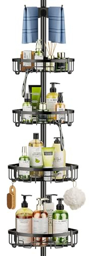 ZIPEEU Étagère de Douche Télescopique 4 Niveaux - Support sans Percage Métallique, Réglable pour Angle - Organisateur Salle de Bain pour Douche/Baignoire (Noir, 157-292 cm)