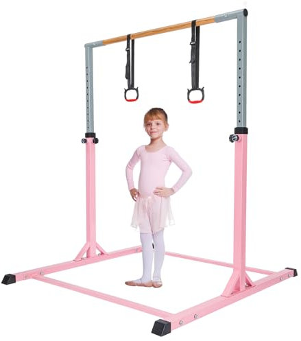 JF HOME BLISS Gymnastics Bar for Kids, Gymnastics Bars with Rings Height Adjustable Horizontal Bar – Safe and Stable Gym Bar for Home Training, Garden, Outdoor & Indoor Use (Pink)