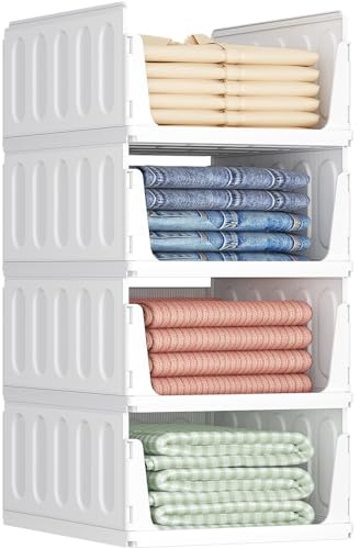 Lifewit Organizador de Armario Apilable, Cajas de Almacenaje Extensibles para Ropa, Camisetas y Pantalones, Cajones de Plastico para Separadores Closet de Baño, Cocina y Camping, 24L, Blanco, 4 Pack