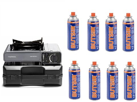 FYSHOP | Pack HORNILLO Campingaz Bistro 3 y 8 CARTUCHOS de gas butsir | Hornillo Camping de 1 Quemador | Cocina portátil compacta para Exteriores | (BISTRO 3 + 8 CARTUCHOS DE GAS BUTSIR)