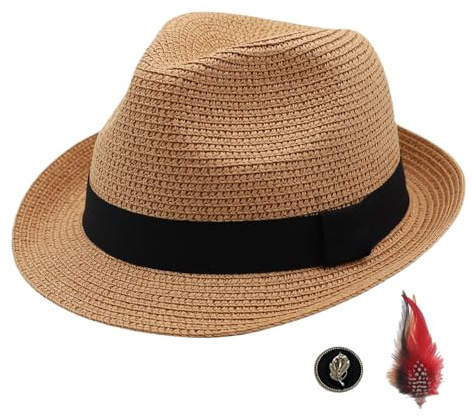 MivBuks Strohhut Damen Panama Hut Herren Fedora Sommerhut Sonnenhut Safari Hut Sonnenschutz Strandhut (DE/NL/SE/PL, Alphanumerisch, M, Trilby Khaki)