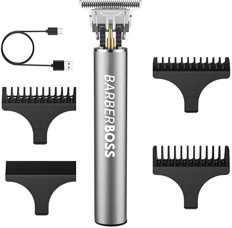 BarberBoss Recortadora de barba, cabello con cuchilla en T para hombre, inalámbrica, recargable, con 3 peines guía, corte preciso para barba, patillas y escote, Gris