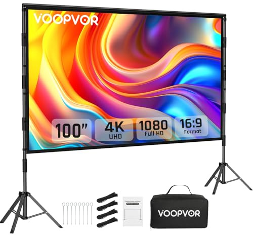 Outdoor Projector Screen and Stand: VOOPVOR 100 inch Portable Projector Screen Indoor - Upgraded Movie Screen 16:9 4K HD - Wrinkle-Free Lightweight Projection Screen with Carry Bag for Backyard Night