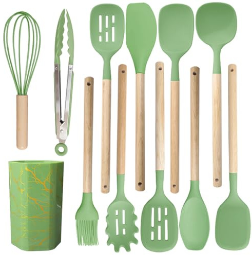 Küchenhelfer Set,12 Stück Silikon Kochutensilien Kochbesteck Set,Hitzebeständiger Kochgeschirr mit Utensilienhalter,Antihaft Kochset Küchenutensilien Spülmaschinengeeignet (Grün,A)